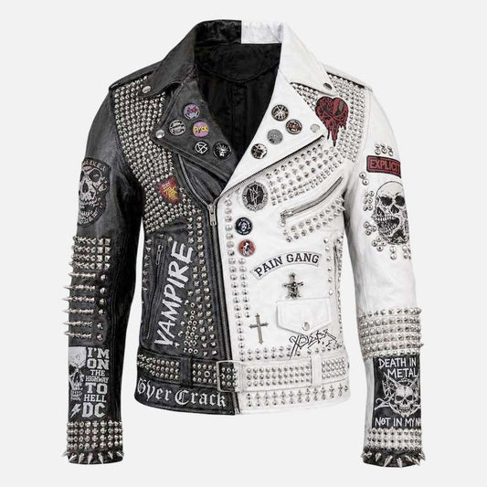 New men’s black and white studded skull leather biker jacket with silver spikes and bold moto style