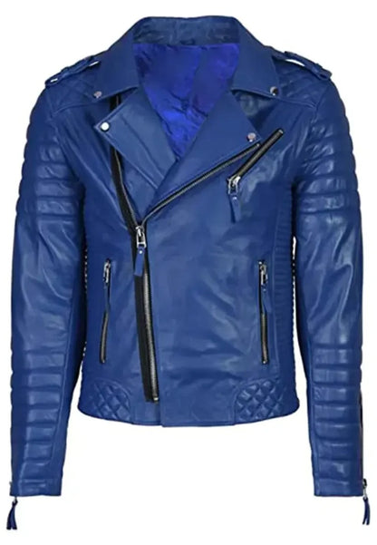 Men’s Real Blue Biker Leather Jacket – Bold Slim Fit Motorcycle Style

