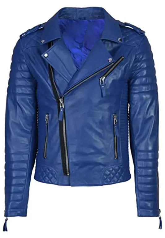 Men’s Real Blue Biker Leather Jacket – Bold Slim Fit Motorcycle Style


