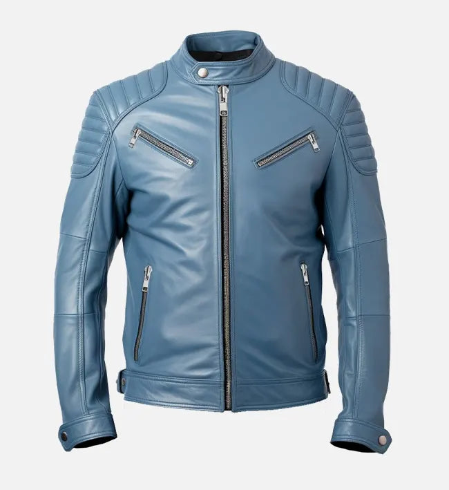 Front view of men’s vintage blue cafe racer leather jacket