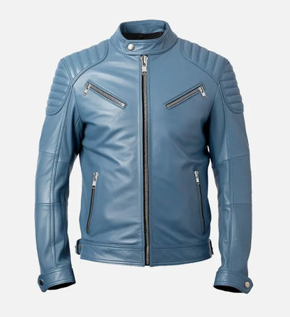 Front view of men’s vintage blue cafe racer leather jacket