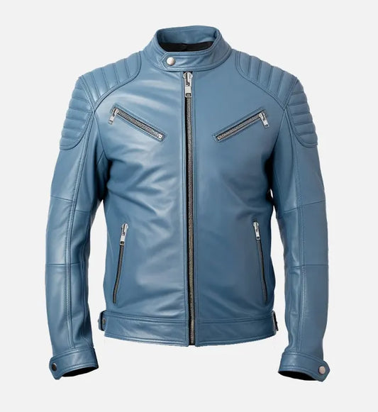 Front view of men’s vintage blue cafe racer leather jacket