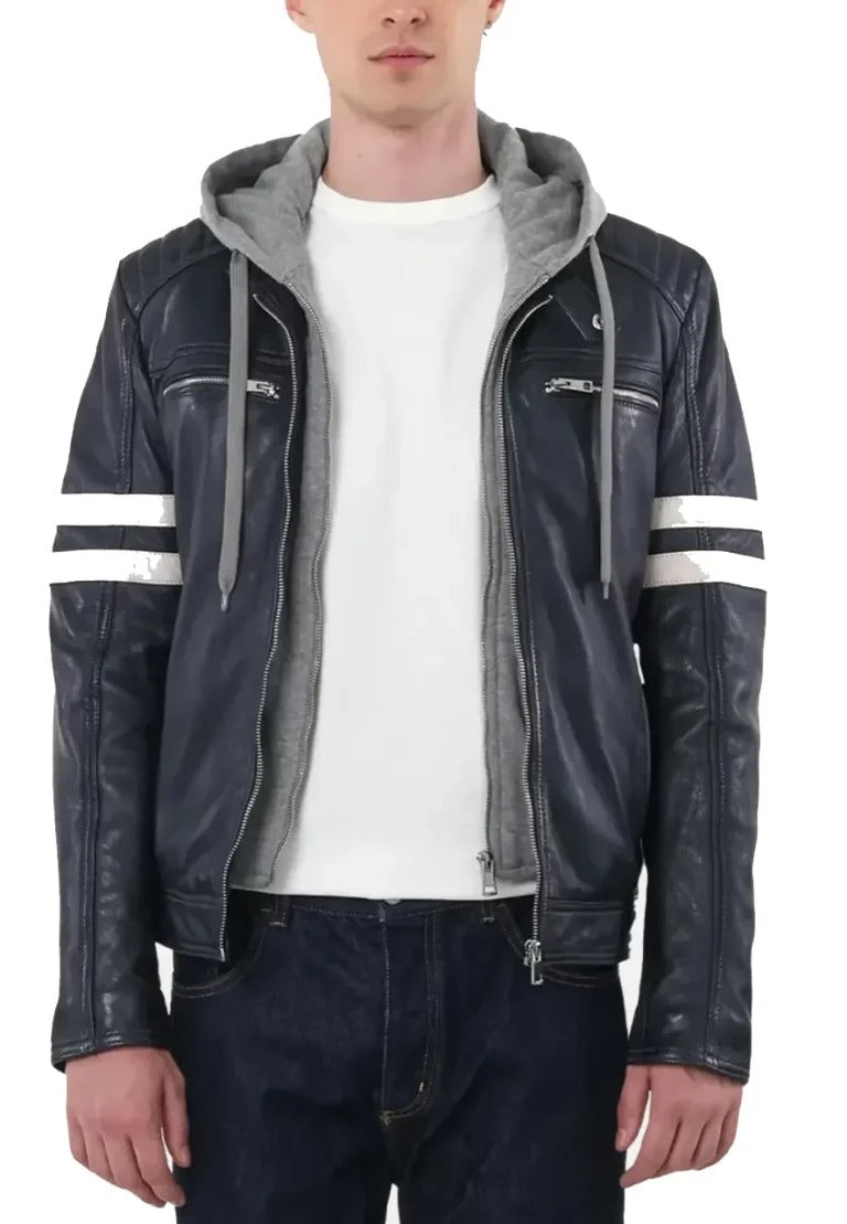 Men’s Blue Hooded Leather Biker Jacket with White Stripes – Sporty Edge Meets Street Style
