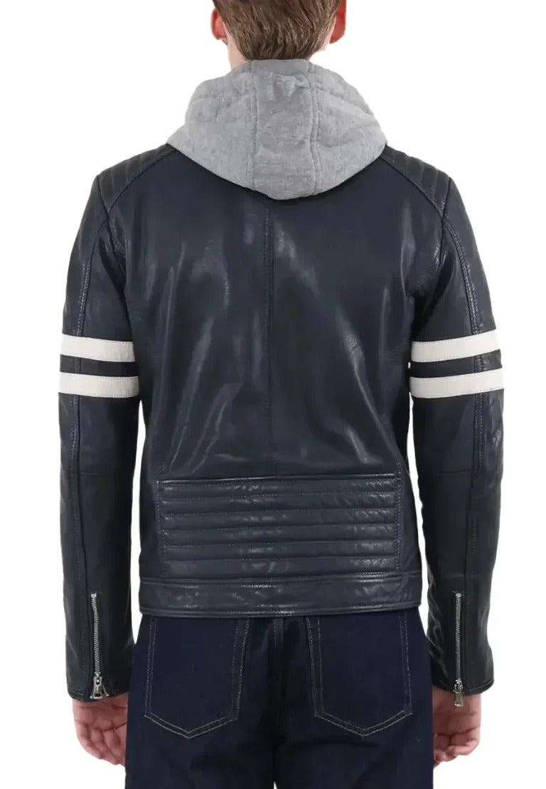 Men’s Blue Hooded Leather Biker Jacket with White Stripes – Sporty Edge Meets Street Style