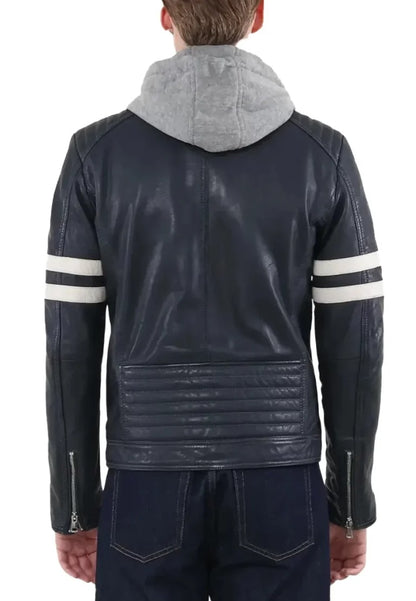 Men’s Blue Hooded Leather Biker Jacket with White Stripes – Sporty Edge Meets Street Style