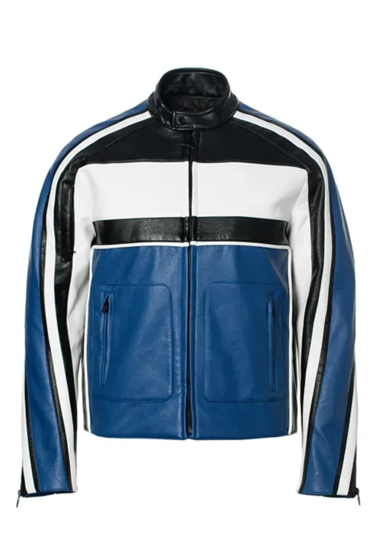 Men’s Blue Leather Racing Biker Jacket – Slim Fit Motorcycle Outerwear
