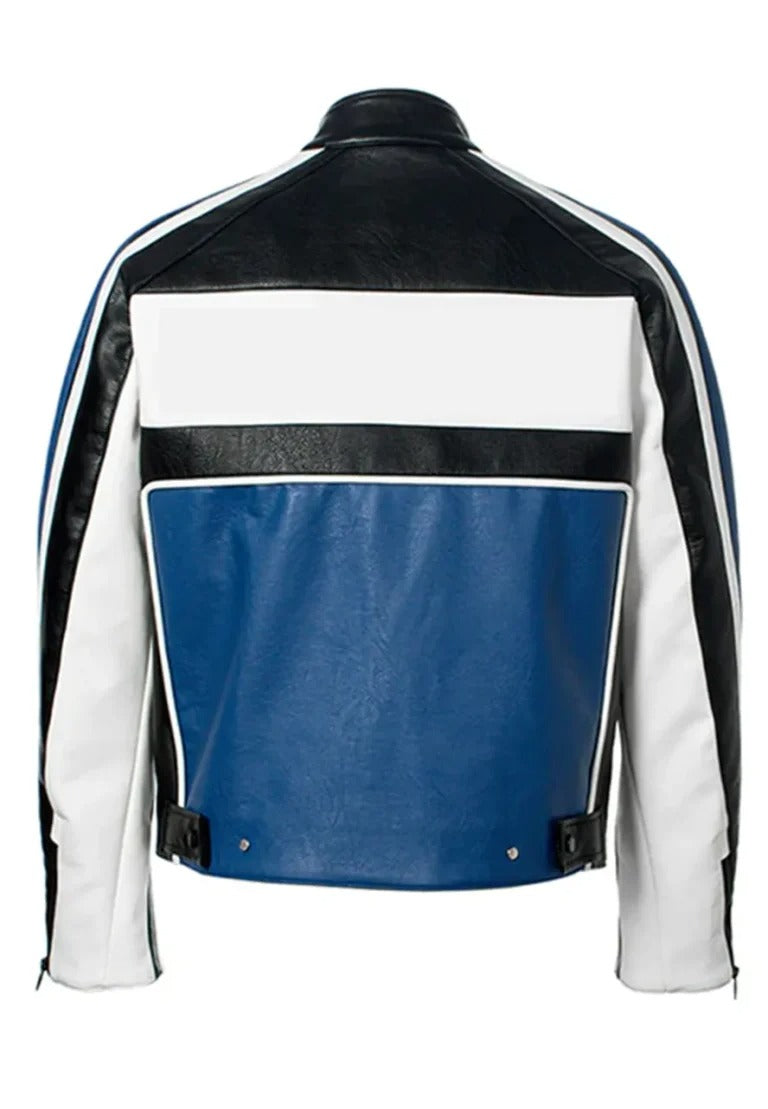 Men’s Blue Leather Racing Biker Jacket – Slim Fit Motorcycle Outerwear