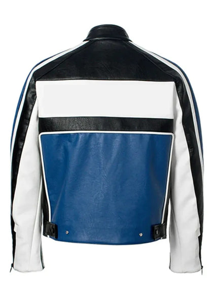 Men’s Blue Leather Racing Biker Jacket – Slim Fit Motorcycle Outerwear