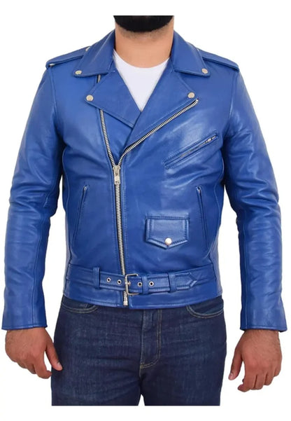 Men’s Blue Rock Biker Leather Jacket – Bold Edge, Classic Rock Vibes