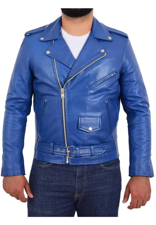 Men’s Blue Rock Biker Leather Jacket – Bold Edge, Classic Rock Vibes