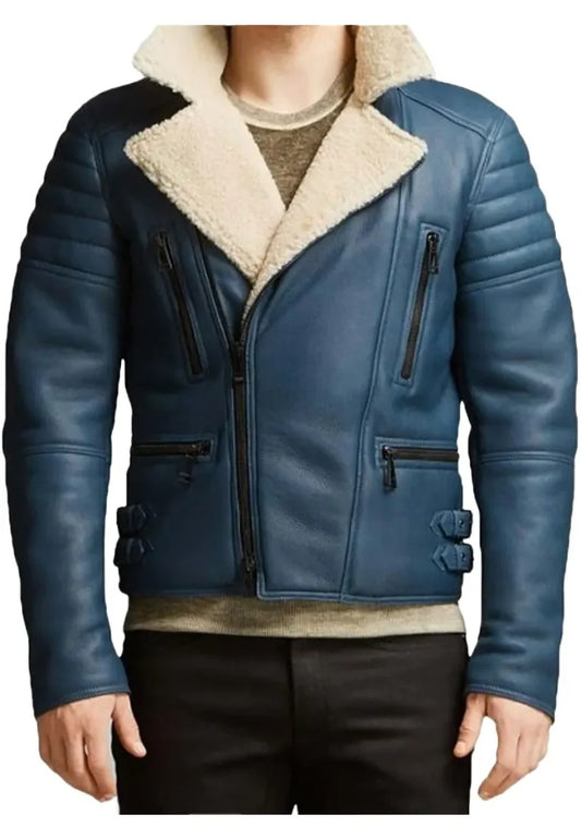 Men’s Blue Leather Jacket with Shearling – Bold Winter Statement Piece