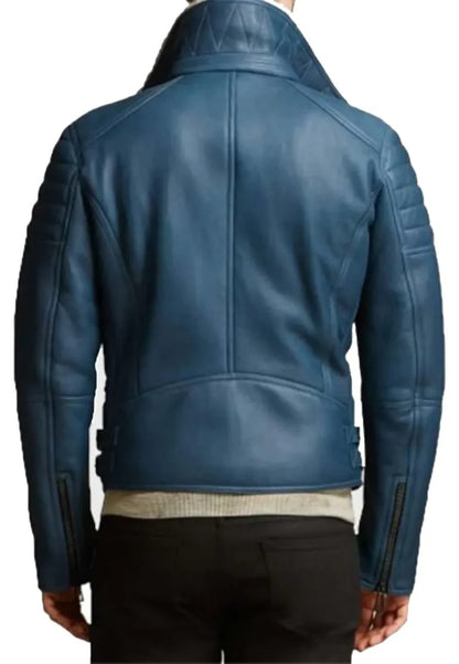 Men’s Blue Leather Jacket with Shearling – Bold Winter Statement Piece