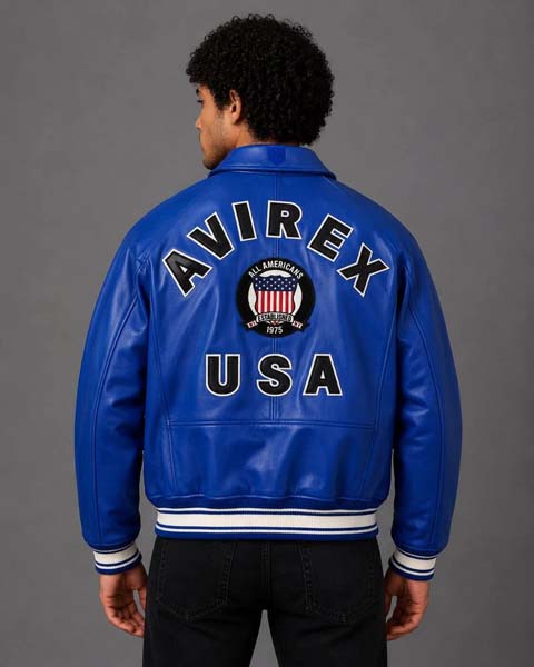 Men's Mazarine Blue Genuine Leather Bomber Jacket with Avirex USA Patch