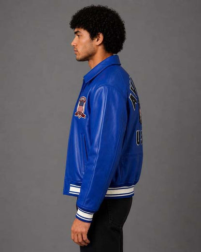 Men's Mazarine Blue Genuine Leather Bomber Jacket with Avirex USA Patch