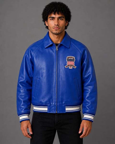 Men's Mazarine Blue Genuine Leather Bomber Jacket with Avirex USA Patch