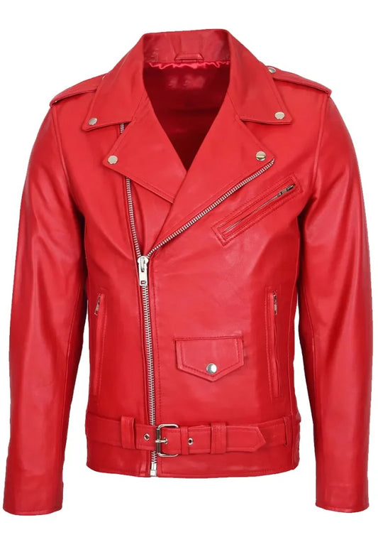 Men’s Red Brando Leather Biker Jacket – Bold Attitude, Classic Rebel Style