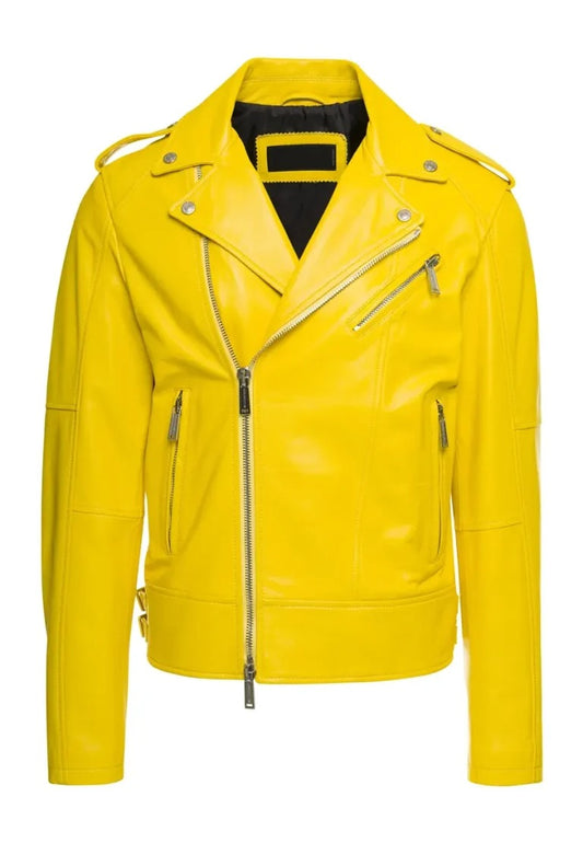 Men’s Bright Yellow Moto Biker Leather Jacket