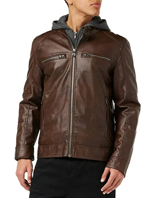 Men’s Hooded Brown Leather Moto Jacket – Casual Motorcycle Street Style