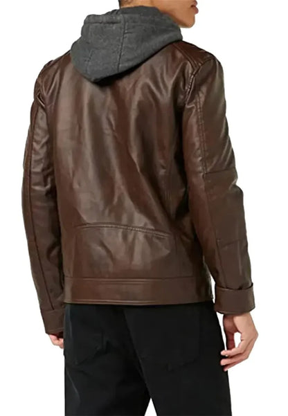 Men’s Hooded Brown Leather Moto Jacket – Casual Motorcycle Street Style