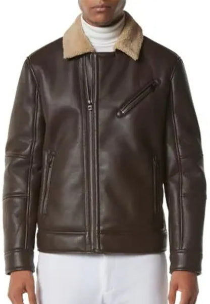 Men’s Brown Leather Moto Jacket with Shearling – Rugged & Warm Style