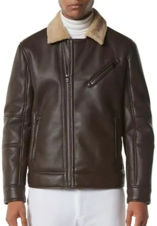 Men’s Brown Leather Moto Jacket with Shearling – Rugged & Warm Style