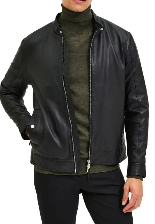 Men’s Black Café Racer Leather Moto Jacket – Classic Cut, Urban Attitude