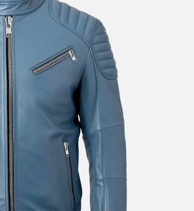 Side profile of premium blue leather jacket for men