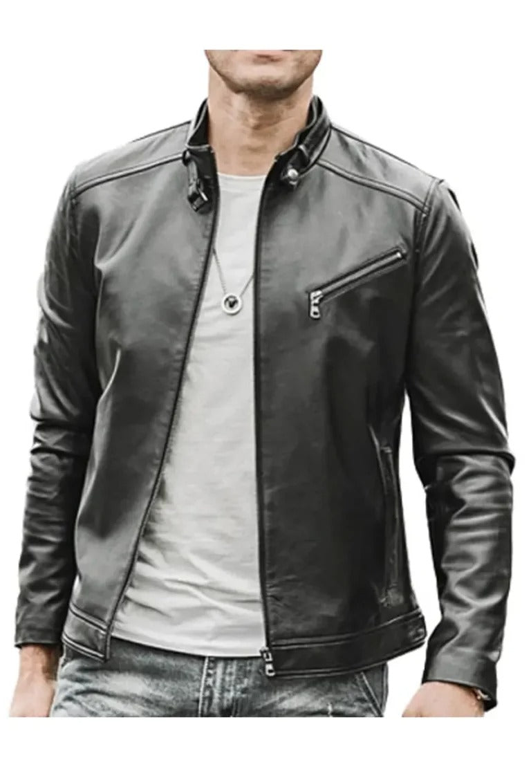 Men’s Matt Black Leather Cafe Racer Jacket – Sleek Moto Classic