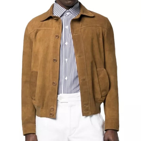 Men's Camel Brown Suede Leather Shirt Jacket with Rib Knitted Waist