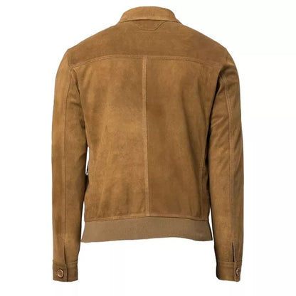 Men's Camel Brown Suede Leather Shirt Jacket with Rib Knitted Waist