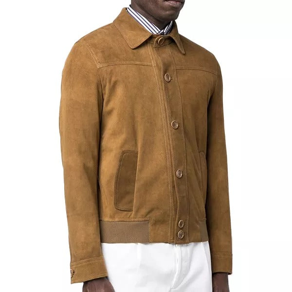 Men's Camel Brown Suede Leather Shirt Jacket with Rib Knitted Waist