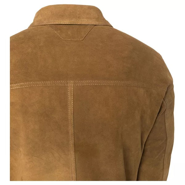 Men's Camel Brown Suede Leather Shirt Jacket with Rib Knitted Waist