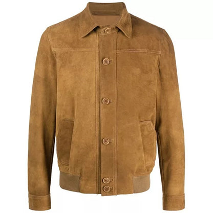 Men's Camel Brown Suede Leather Shirt Jacket with Rib Knitted Waist