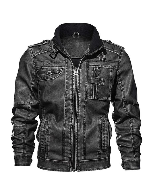 Men’s Casual Long Sleeve Distressed Black Leather Jacket – Rugged Vintage Style
