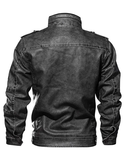 Men’s Casual Long Sleeve Distressed Black Leather Jacket – Rugged Vintage Style