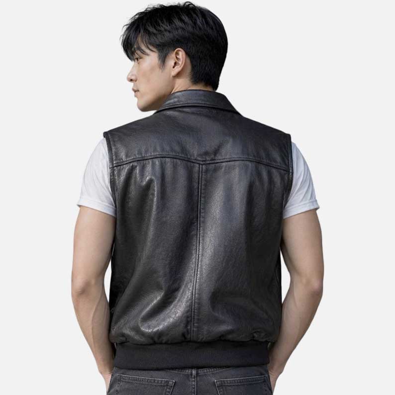 Best men black leather vest for sale featuring shirt style collar and chest pocket