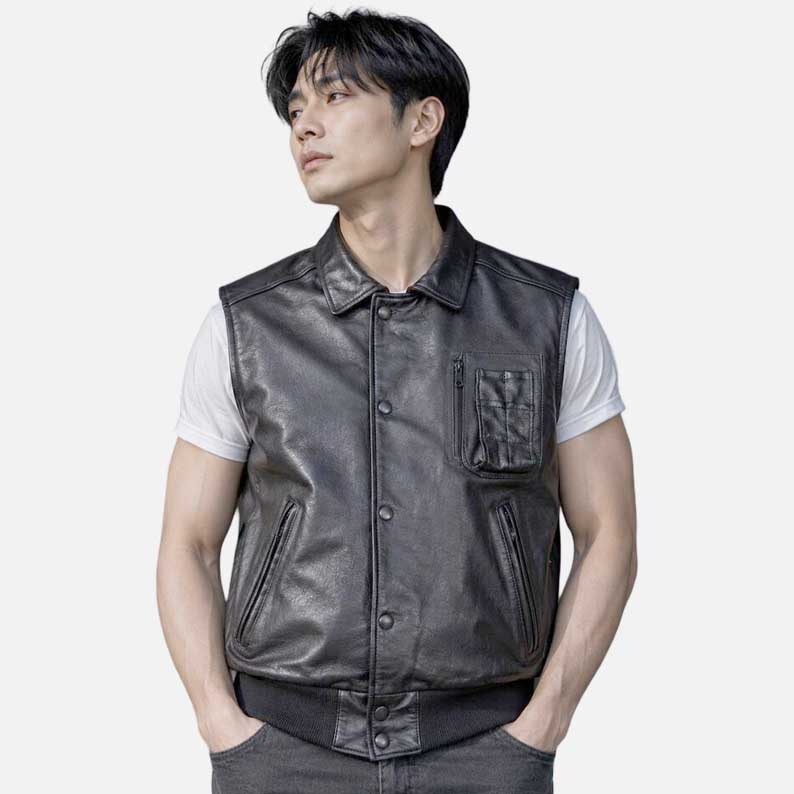 New men black leather vest jacket with snap button front and vintage finish by Glory Store US