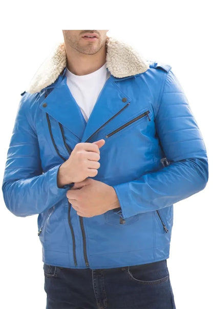 Men’s Classic Blue Leather Jacket with Fur Collar – Winter-Ready Biker Style