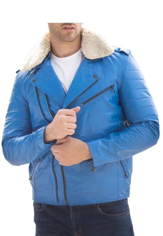 Men’s Classic Blue Leather Jacket with Fur Collar – Winter-Ready Biker Style