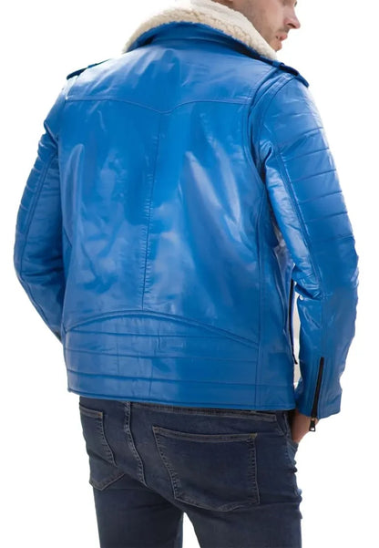 Men’s Classic Blue Leather Jacket with Fur Collar – Winter-Ready Biker Style