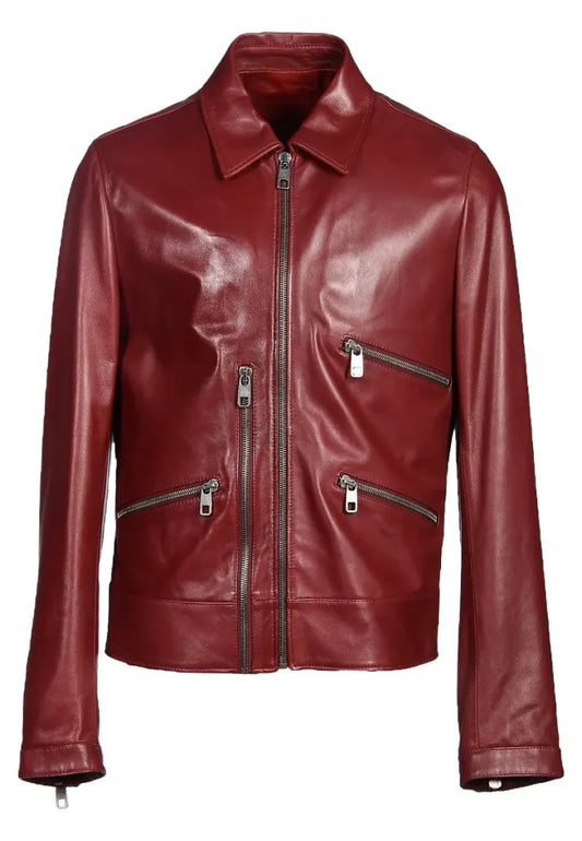 Men’s Classic Collar Burgundy Leather Biker Jacket – Timeless Moto Street Style