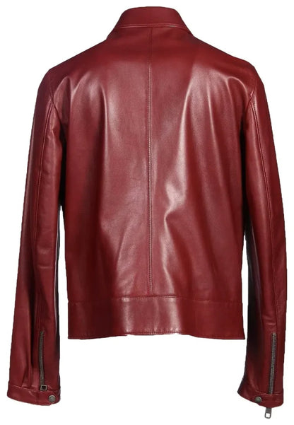 Men’s Classic Collar Burgundy Leather Biker Jacket – Timeless Moto Street Style