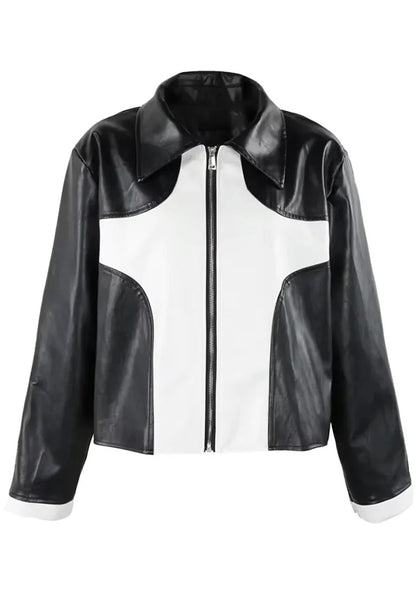 Men’s Contrast Panel Black Leather Racer Jacket – Modern Motorcycle Style