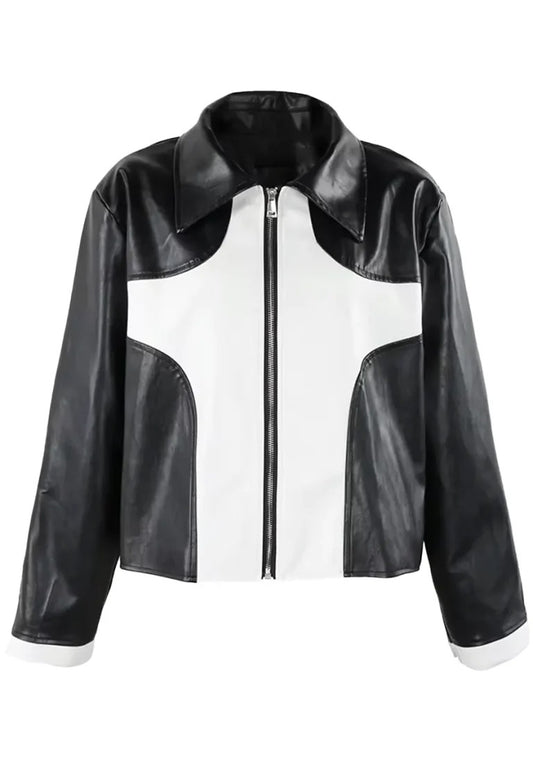 Men’s Contrast Panel Black Leather Racer Jacket – Modern Motorcycle Style