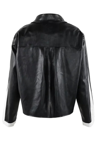 Men’s Contrast Panel Black Leather Racer Jacket – Modern Motorcycle Style

