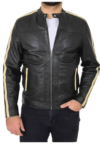 Men’s Black Leather Biker Jacket with Contrasting Stripes – Sporty Street Moto Style