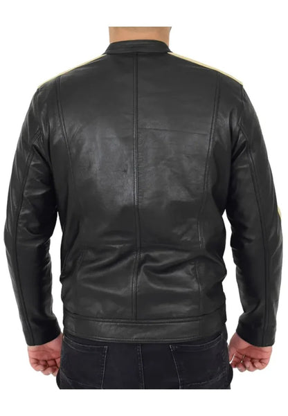 Men’s Black Leather Biker Jacket with Contrasting Stripes – Sporty Street Moto Style