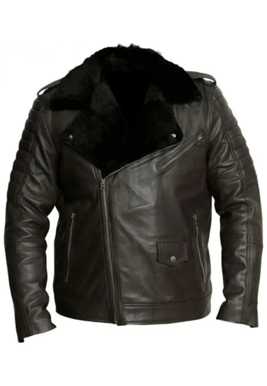 Men’s Dark Brown Leather Shearling Jacket – Warm & Stylish Moto Outerwear