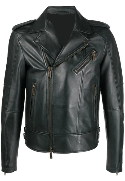 Men’s Dark Green Leather Biker Jacket – Bold Urban Moto Style