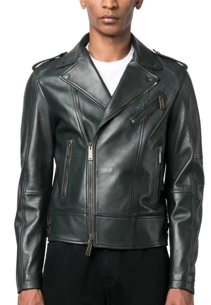 Men’s Dark Green Leather Biker Jacket – Bold Urban Moto Style